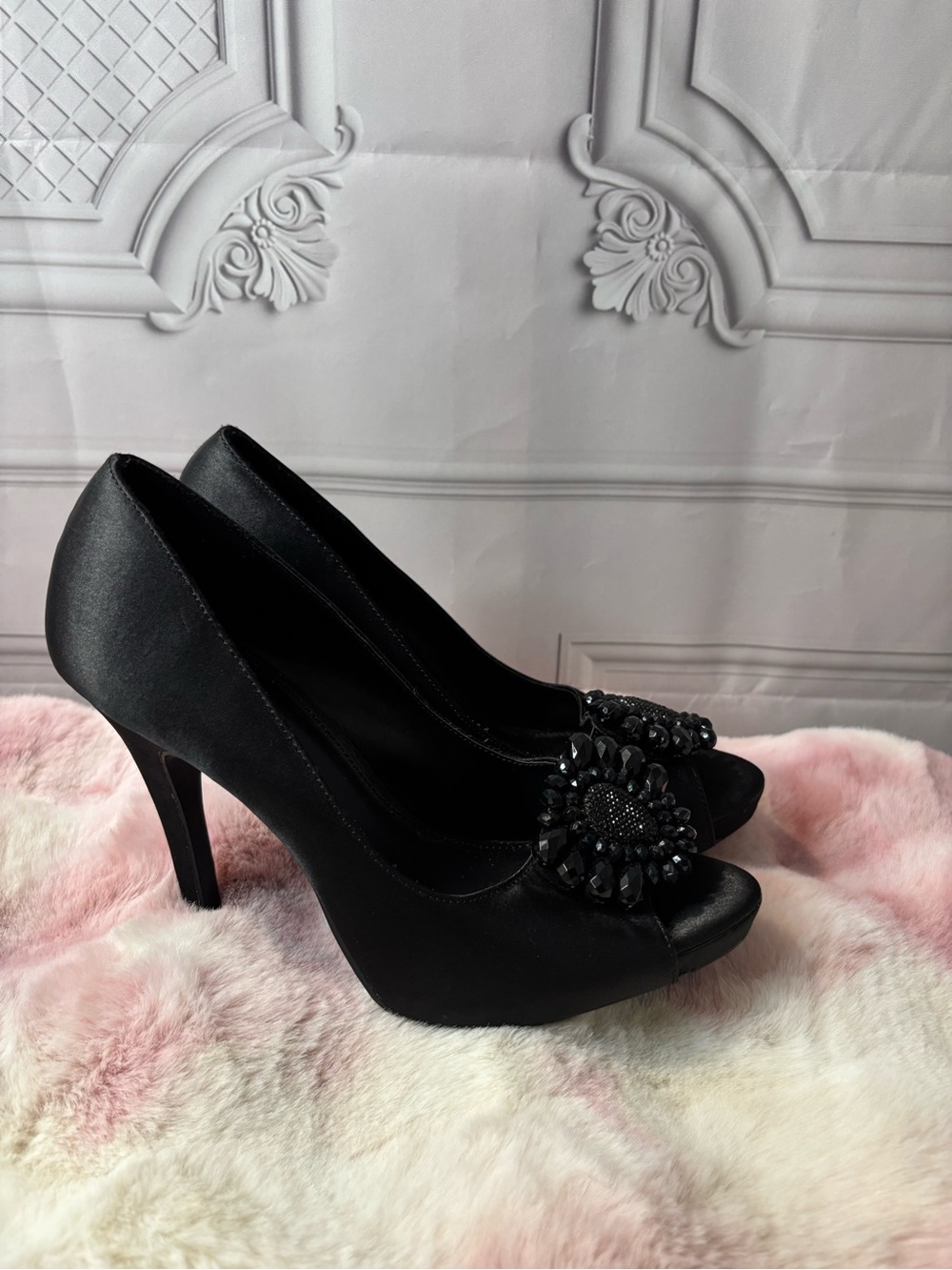 APT 9 Aparden Black Satin Open-Toe Stilettos with Beaded Embellishment, Size 8M